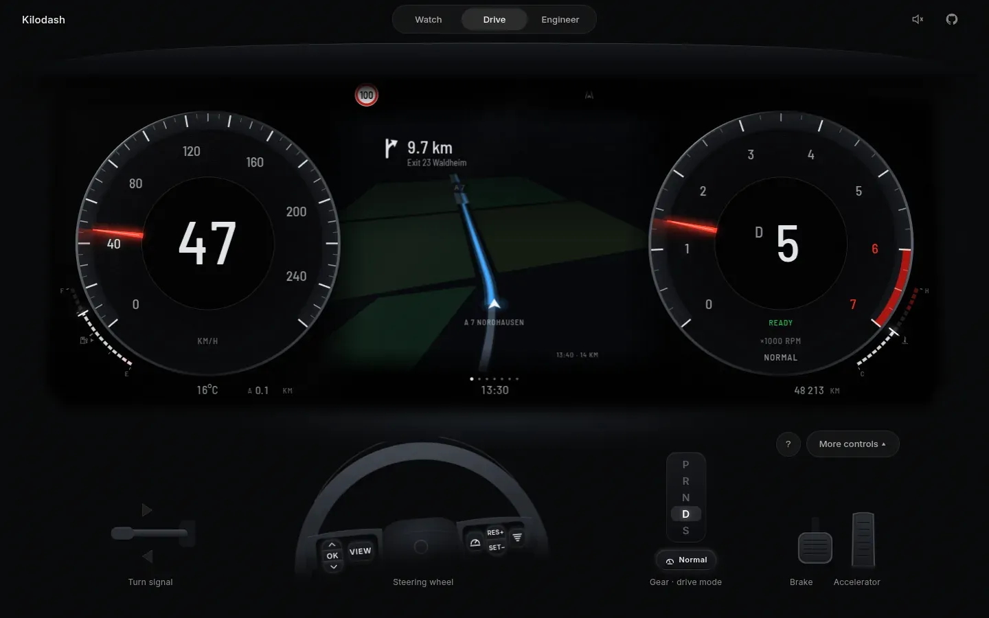 Drive mode: two round dials showing 47 km/h and gear D5, a navigation map between them, and below the cluster an indicator stalk, a steering wheel with buttons, a gear selector and two pedals.