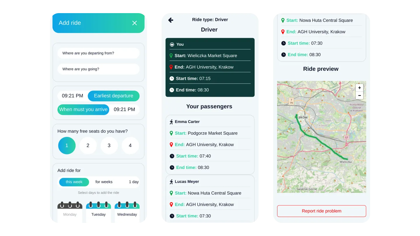 Three driver screens: the Add ride form with departure, destination, times, free seats and days; a driver's ride with two matched passengers and their pickup points; and the ride preview on a map.