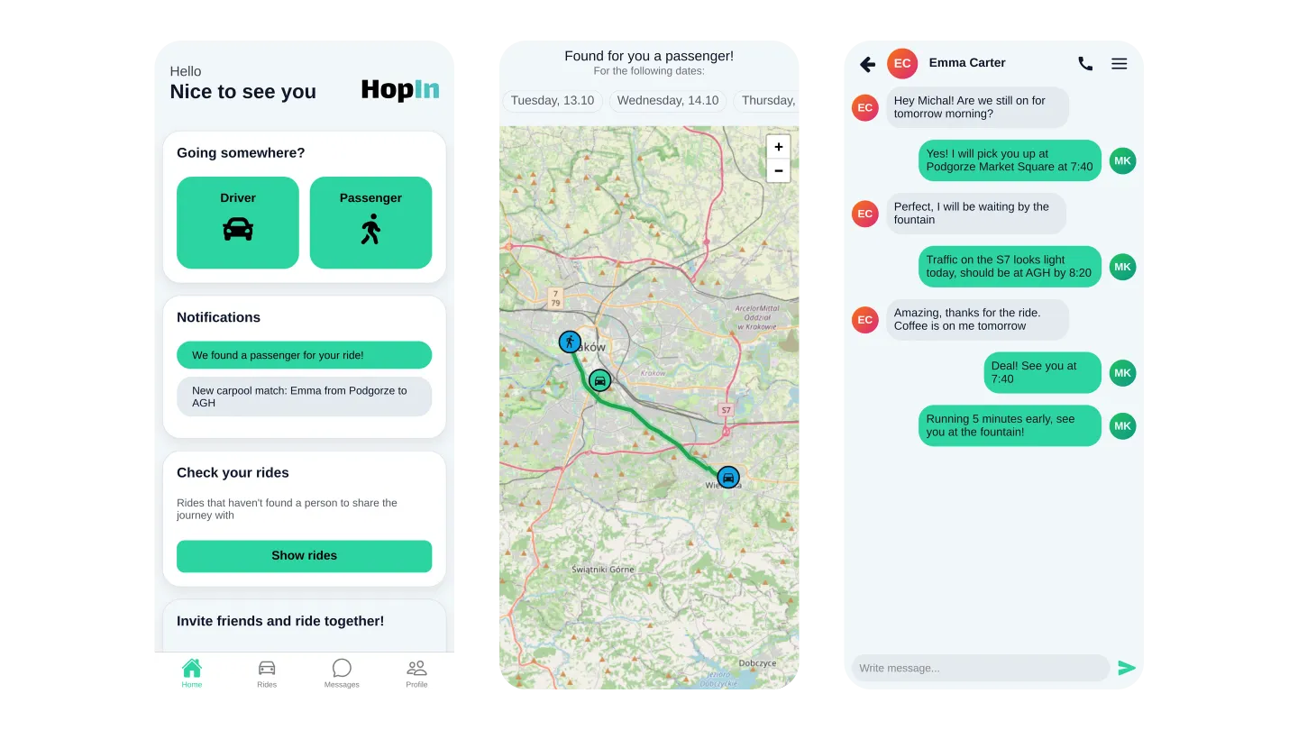 Three HopIn screens: the home screen with Driver and Passenger buttons and match notifications; a match found for a passenger, with the shared route drawn on a map of Krakow; and a chat between driver and passenger about the pickup.