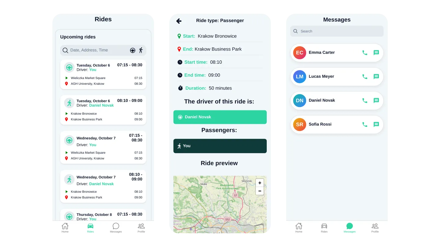 Three passenger screens: a list of upcoming rides as driver and passenger; a passenger's ride with its driver, times and a map preview; and the list of conversations.
